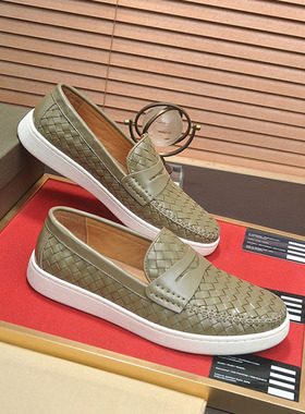 轻奢欧洲站编织男鞋真皮BOYE.BV.DG乐福鞋一脚蹬懒人商务休闲板鞋