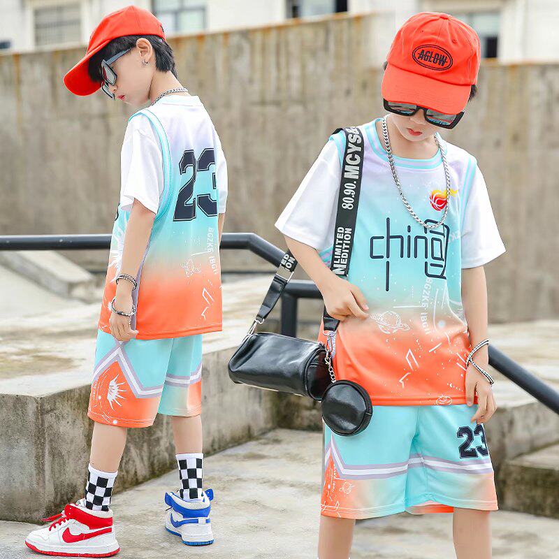 男童夏装套装篮球服酷帅童装透气小童夏季假两件大童小孩运动球衣