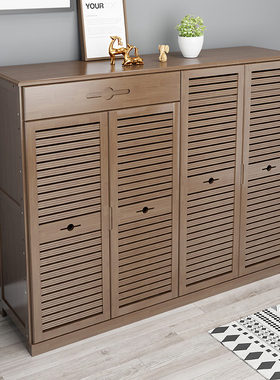 楠竹简易鞋柜家用门口现代收纳鞋架子多层经济型大容量百叶实木柜