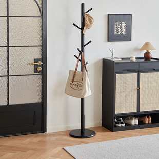 实木衣帽架卧室落地挂衣架家用黑色立式 衣架室内挂衣杆门口挂包架