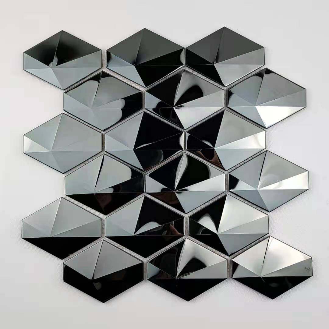 菱形黑色不锈钢马赛克立体六角金属瓷砖背景墙别墅餐厅吧台装修