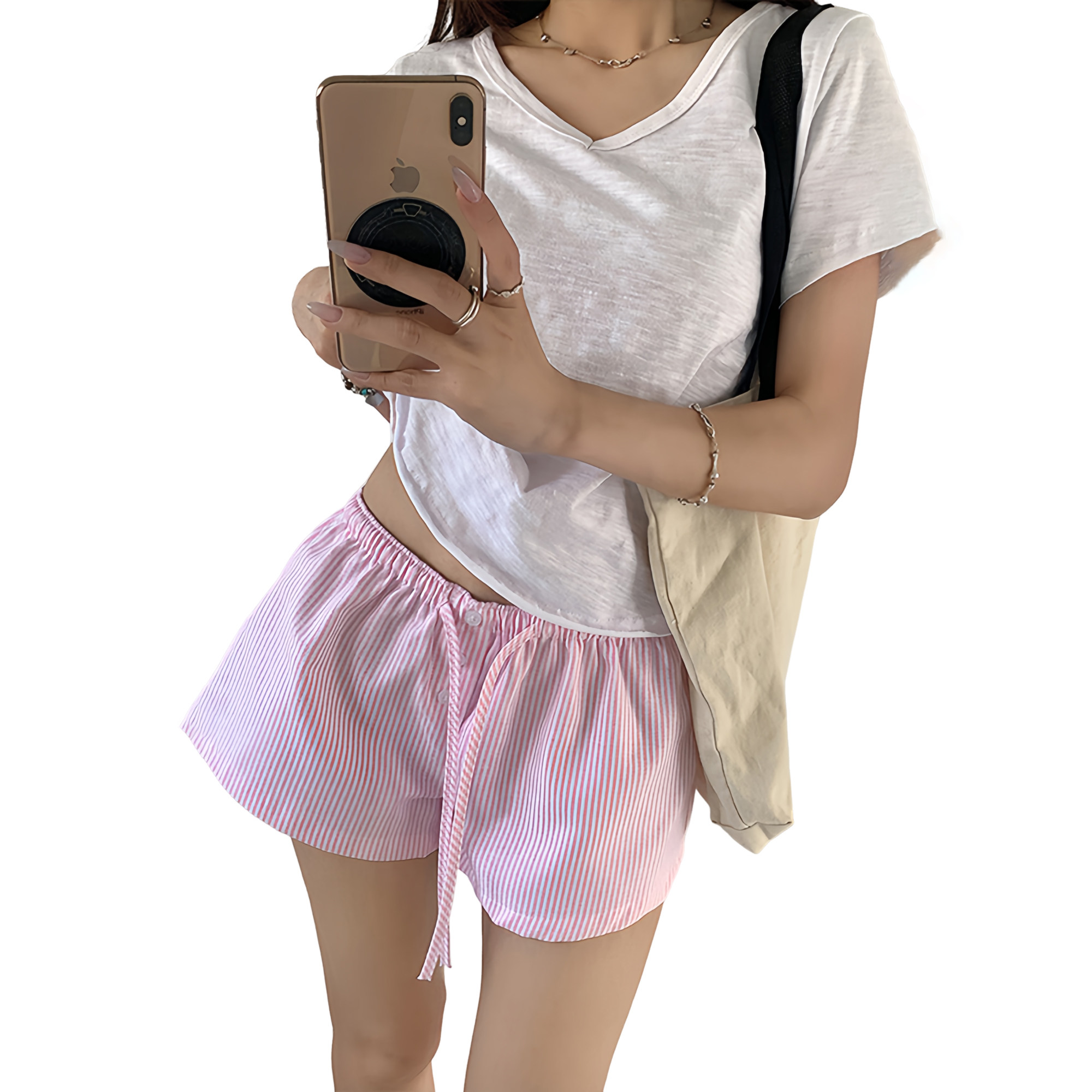HOEANN DAY/青禾予安气质运动百搭条纹绑带短裤女夏抽绳纽低腰裤