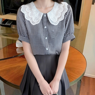 衬衣宽松花边蕾丝娃娃领上衣 格子短袖 衬衫 女设计感小众夏季 薄款