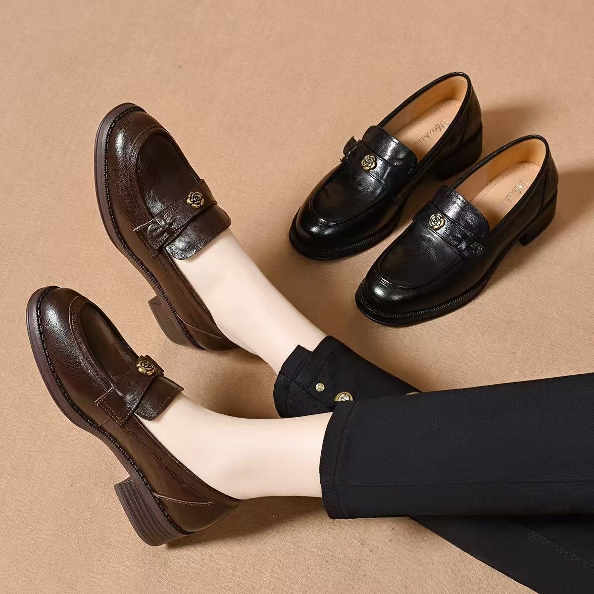 山茶花厚底乐福鞋女2026春季新款羊皮英伦风真皮小皮鞋一脚蹬单鞋,女鞋,深口单鞋,淘宝优惠券,粉丝福利购,淘宝优惠卷