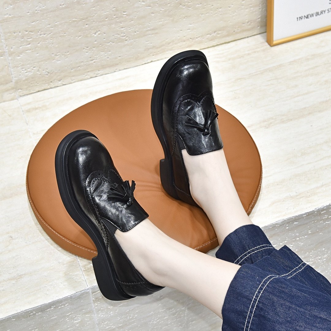 2026年新款小皮鞋女羊皮英伦风复古雕花流苏平底鞋单鞋真皮乐福鞋,女鞋,深口单鞋,淘宝优惠券,粉丝福利购,淘宝优惠卷