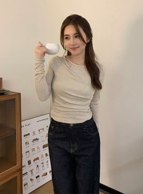 babe soulis2025年新款褶皱收腰不规则长袖t恤女巨好看设计感上衣