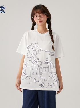 诺诺公主S1N初中生白色圆领短袖T恤女2026夏宽松休闲简约线条上衣