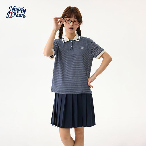 诺诺公主S1N初中生夏季polo领条纹短袖T恤女青少年正肩显瘦短上衣