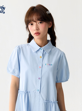 诺诺公主S1N初中生纯棉泡泡袖连衣裙女木耳花边宽松A字娃娃裙夏款