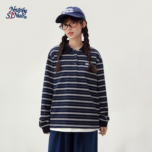 诺诺公主S1N初中生长袖 条纹T恤春新miu系藏青POLO青少年上衣百搭
