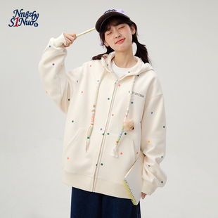 诺诺公主S1N初中生连帽卫衣女2026春季 加绒立体小熊圆点拉链外套