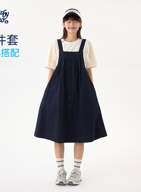 诺诺公主S1N初中生圆领泡泡袖T恤女2026夏季藏青色背带A字连衣裙