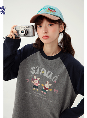 诺诺公主S1N初中生卡通长袖T恤女春秋学生韩系休闲撞色插肩袖上衣