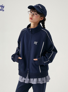 诺诺公主S1N初中生蕾丝拼接卫衣外套女春季新款学院韩系立领上衣