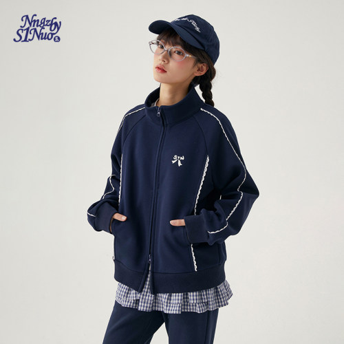 诺诺公主S1N初中生蕾丝拼接卫衣外套女春季新款学院韩系立领上衣