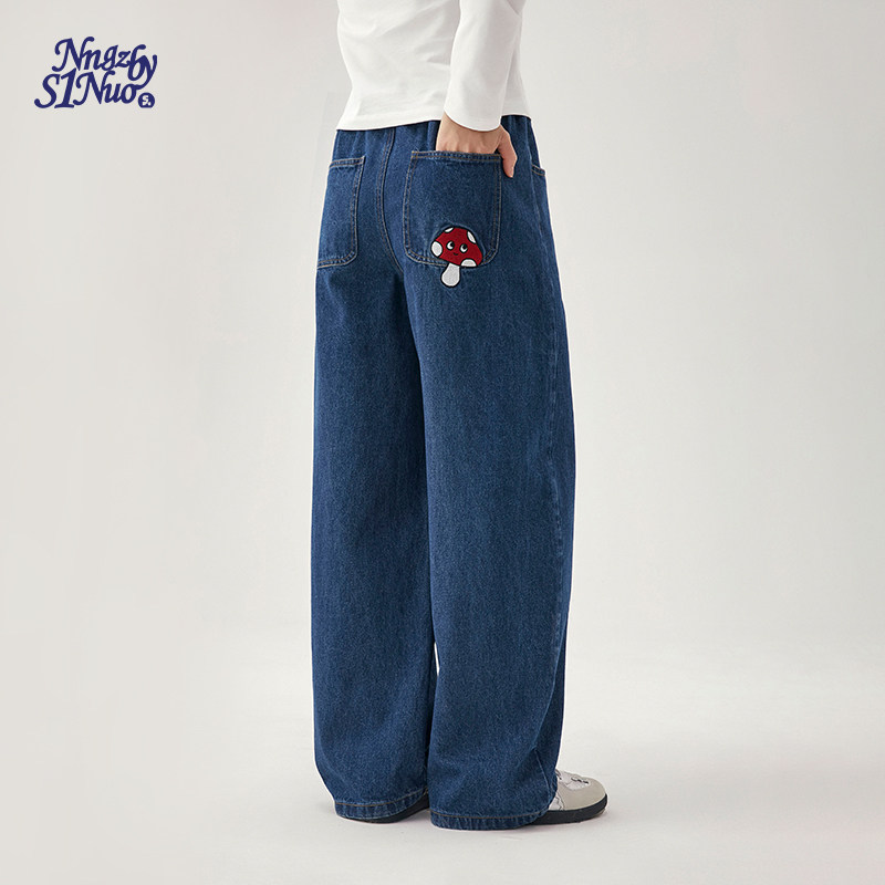 诺诺公主S1N初中生印花牛仔裤女2026春季青少年韩系弯刀阔腿裤子