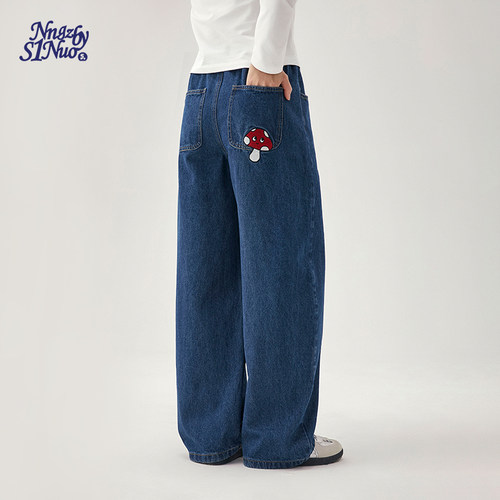 诺诺公主S1N初中生印花牛仔裤女2026春季青少年韩系弯刀阔腿裤子
