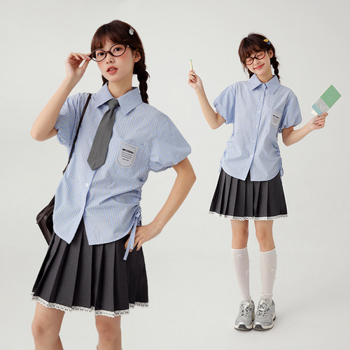 诺诺公主S1N初中生短袖条纹衬衫女收腰韩系学院风青少年大童上衣