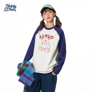 小熊长袖 撞色插肩袖 T恤宽松打底上衣 初中生春秋美式 诺诺公主S1N