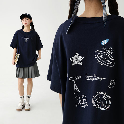 诺诺公主S1N 初中生宽松t恤夏字母印花短袖圆领涂鸦时尚上衣女潮