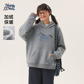 诺诺公主S1N 初中生灰色连帽卫衣女春秋加绒青少年韩系马年好运