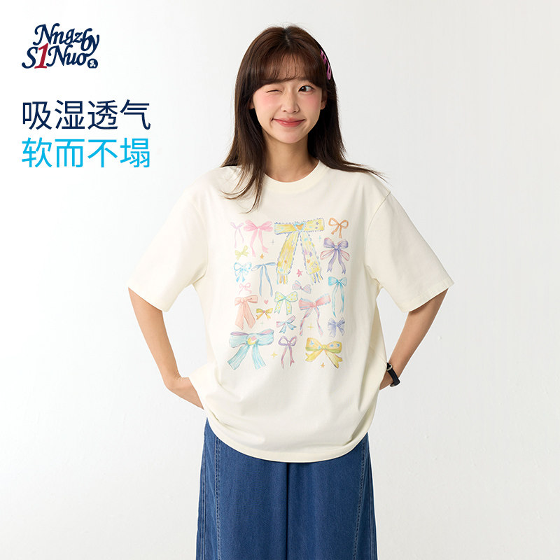 诺诺公主S1N初中生2026夏新款蝴蝶结印花T恤女青少年甜美宽松上衣