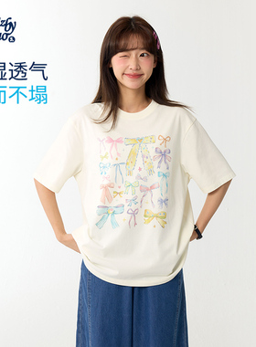 诺诺公主S1N初中生2026夏新款蝴蝶结印花T恤女青少年甜美宽松上衣