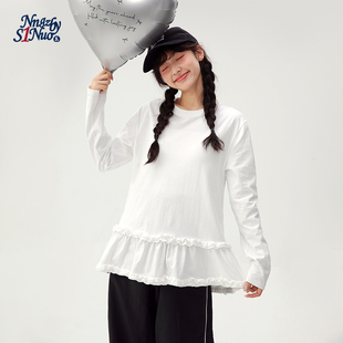 木耳花边学生叠穿上衣 新款 诺诺公主S1N初中生白色长袖 T恤2026春季