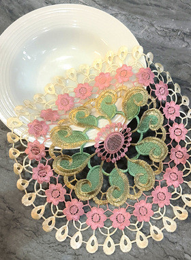 轻奢美式圆形餐垫盘垫碗垫杯垫布艺隔热垫欧式蕾丝桌垫花瓶台灯垫