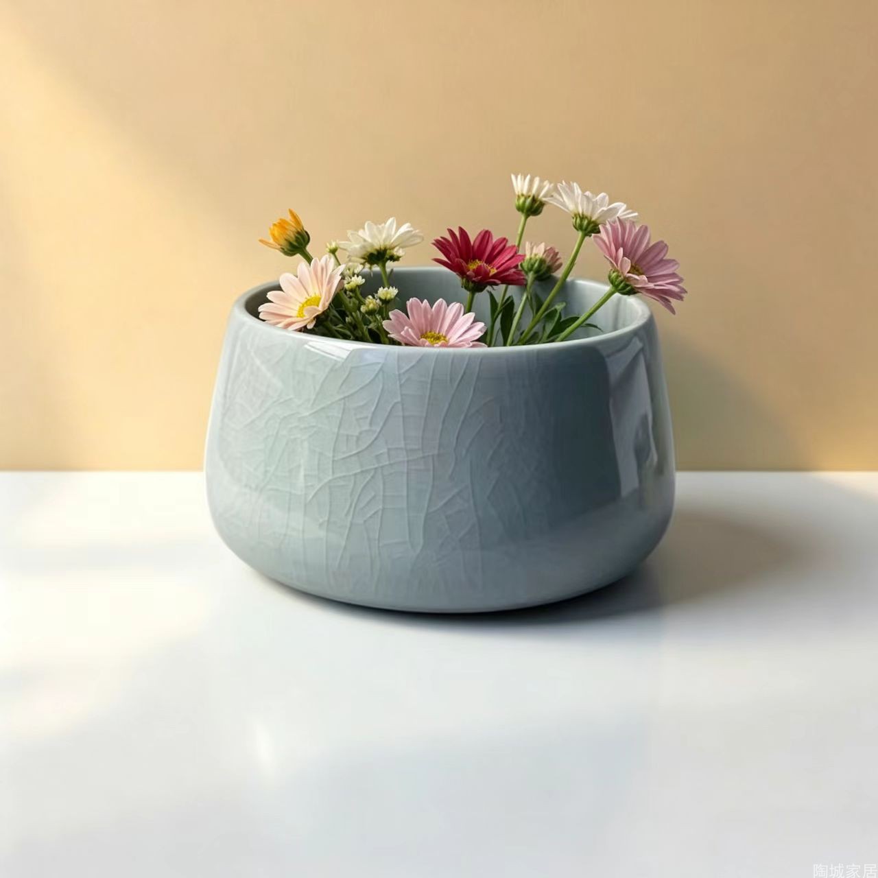 简约陶瓷圆形花朵冰裂纹花盆