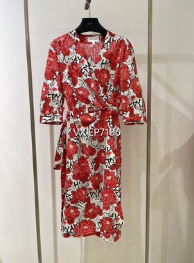 春夏款红色时尚花卉全棉高腰系带长款连衣裙EGGPC4563A-2199