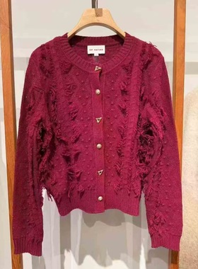 秋冬款酒红色羊毛羊绒圆领长袖针织开衫 EGJIG9128A-3699