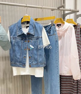 春夏款蓝色复古休闲翻领单排扣工装风短款牛仔马甲 HFLEDJ021A