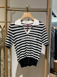 3699 EPJPS9520A 春夏款 高端系列黑色桑蚕丝小翻领复古条纹针织衫