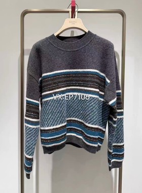 秋冬款灰色牦牛绒条纹提花圆领针织衫 EGJIR9542A-3699