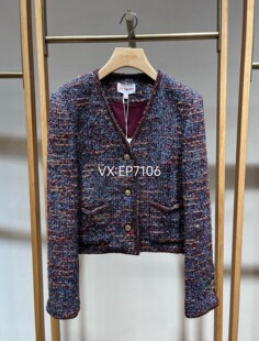 EGJAW1231A 5999 蓝色小香风V领收腰花呢外套 秋冬款