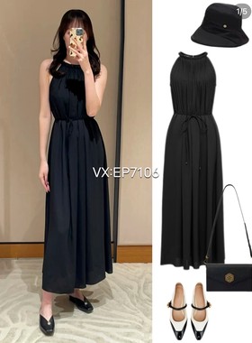 春夏款黑色压褶系带收腰背心连衣裙 EGKEA4228A-2199