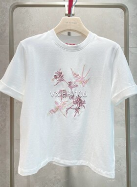 春夏款白色刺绣长绒棉圆领短袖T恤上衣 EGKPC5333A-1099