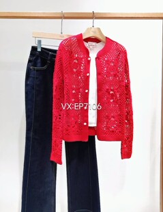 高级系列红色羊毛羊绒圆领镂空肌理针织开衫 6999 EPKPW9127A