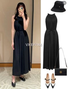 黑色压褶系带收腰背心连衣裙 2199 EGKEA4228A