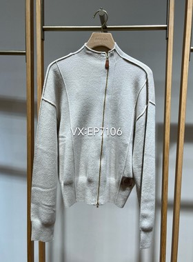 秋冬款白色牦牛绒圆领针织斜襟拉链衫外套 EGJIR9107A-4699