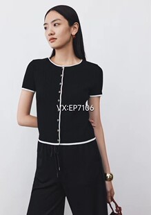 大雅家春夏款黑色经典圆领撞色短袖开衫毛衣 HFJEA9102A-1999