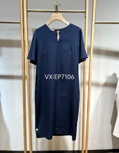 藏青色桑蚕丝裙子v领显瘦纯色真丝连衣裙 4299 EGKES4506A