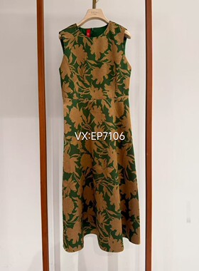 秋冬款绿色金地牡丹提花收腰圆领无袖A摆连衣裙 EPJAA4106A-6999