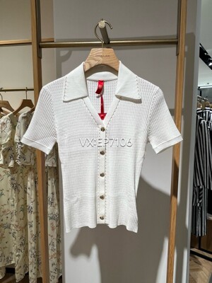 春夏款高级系列白色V领修身翻领短袖套毛衫 EPJEA9501A-2999
