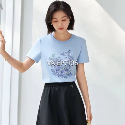 大雅家春夏款蓝色圆领花卉字母印花短袖T恤衫 HFJPC5304A-1399