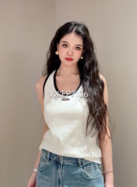 春夏款白色棉弹力罗纹针织修身运动背心上衣 EGKEC5119B-499