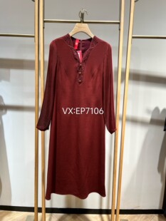 高级系列酒红色双层羊毛羊绒镂空绣领收腰连衣裙 8999 EPKPW4605B