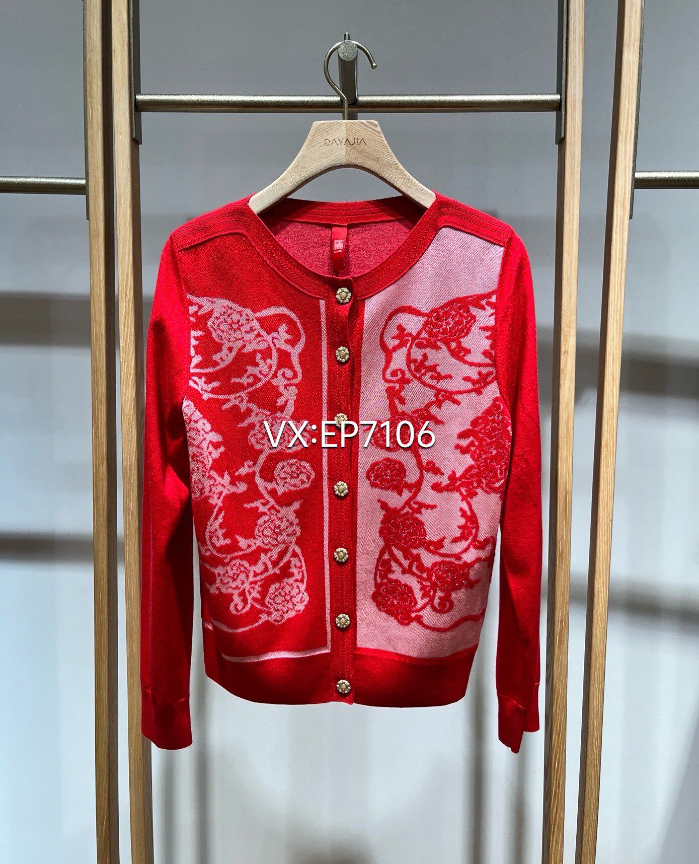 春款高级系列丝羊毛羊绒混纺提花红色针织开衫 EPKPG9111A-5999