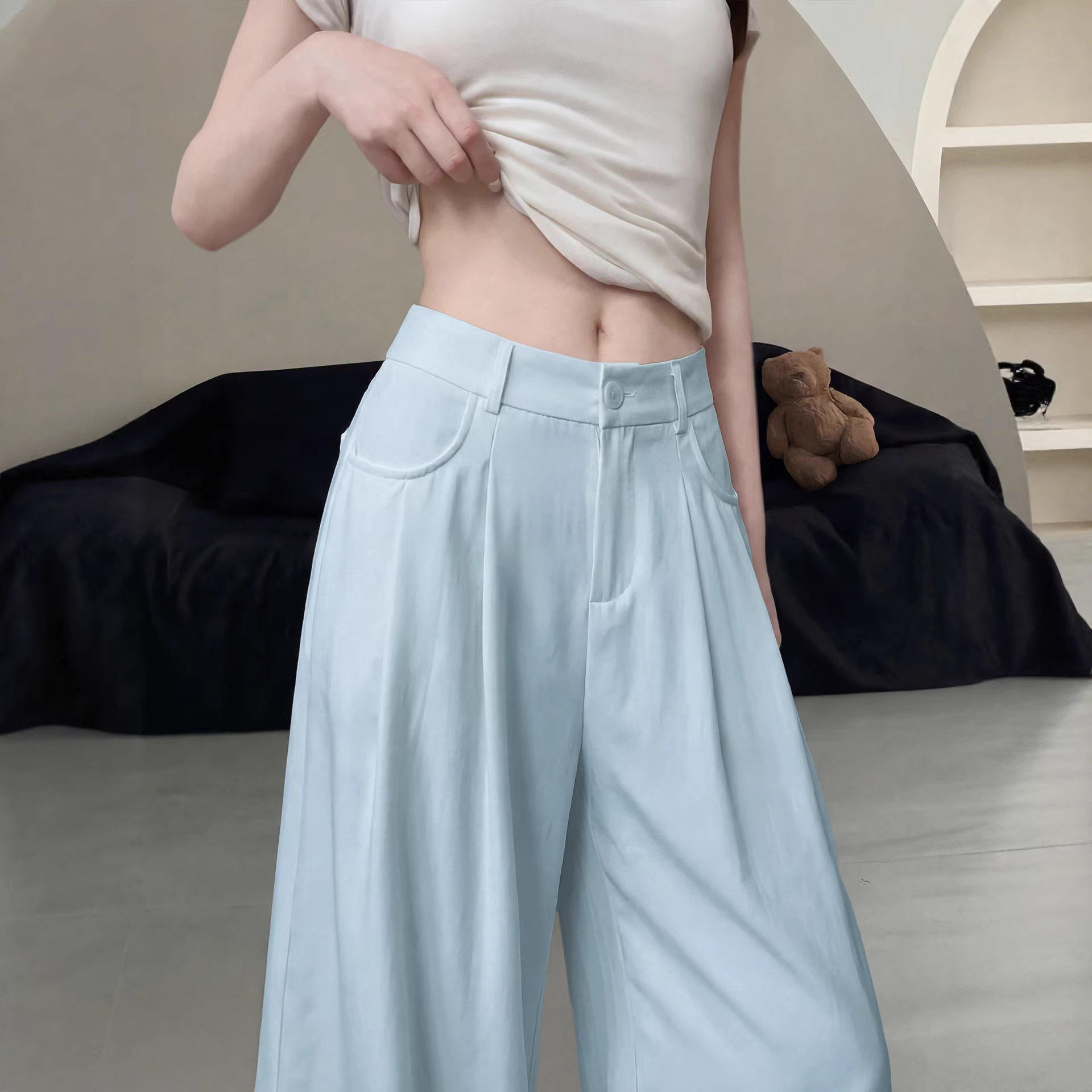 奶芙蓝色西装阔腿裤女春秋高腰垂感宽松休闲慵懒风小个子山本裤子